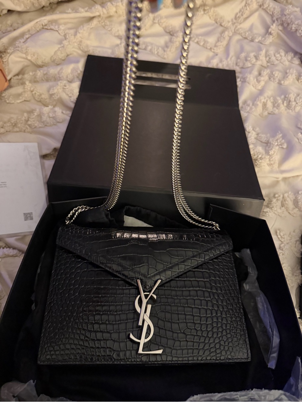 Saint Laurent Black Croc-Embossed Kate bag with Silver YSL Logo